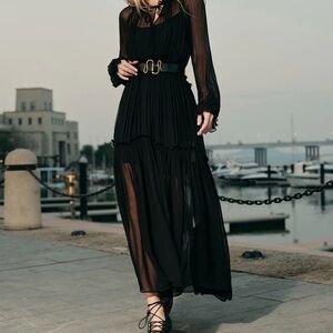 Ruffled Chiffon Semi-Sheer Dress (Without belt)